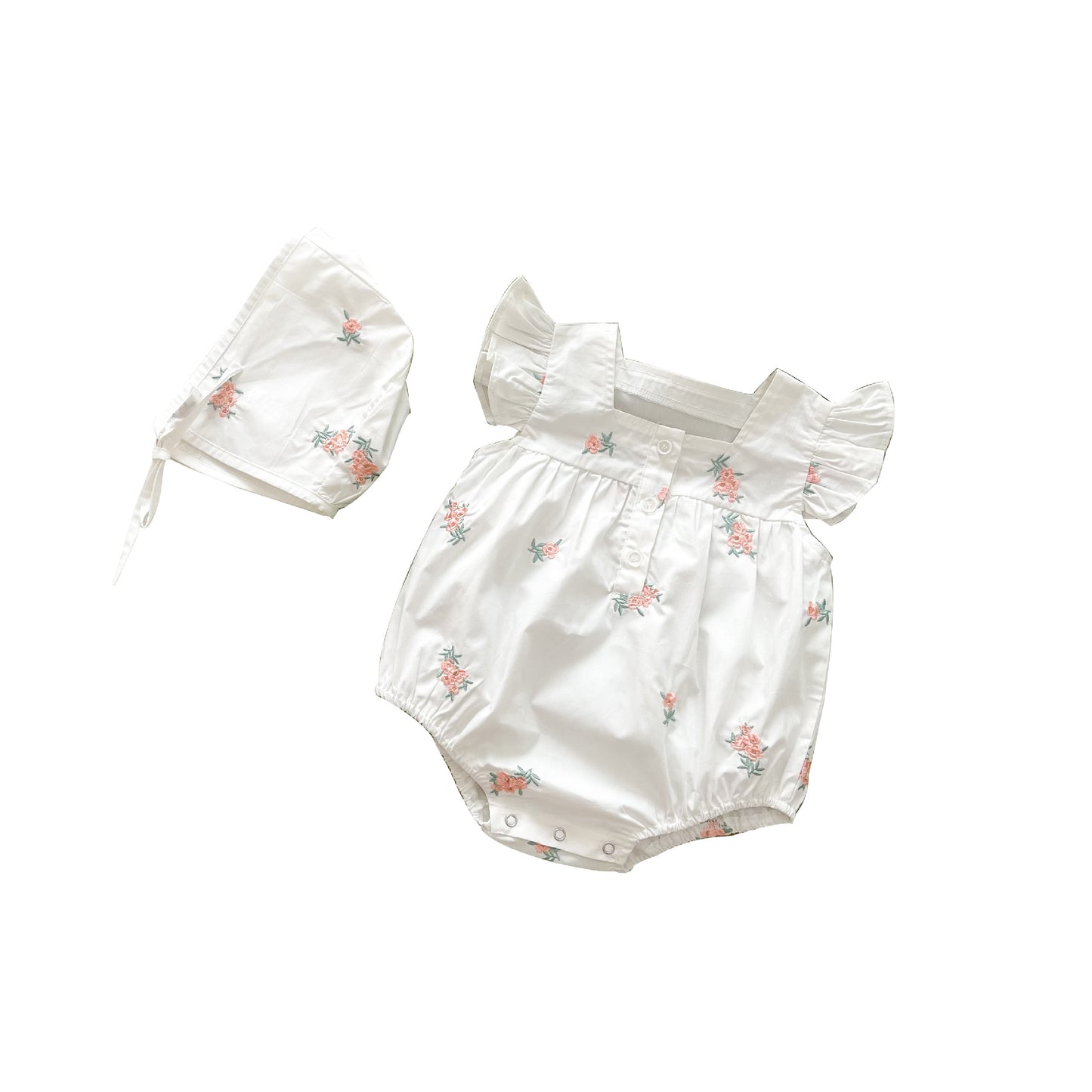 Cotton Baby Flounced Sleeve Romper Flower Embroidered Square Collar