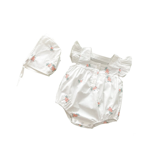 Cotton Baby Flounced Sleeve Romper Flower Embroidered Square Collar