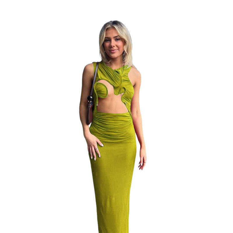 Vestido ajustado plisado con cuello redondo y aberturas para mujer