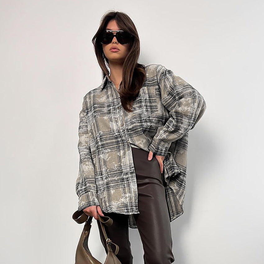 Retro Loose Brushed Cotton Plaid Shirt