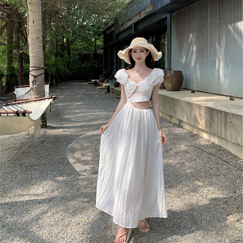 Vestido de vacaciones estilo francés con mangas voladoras