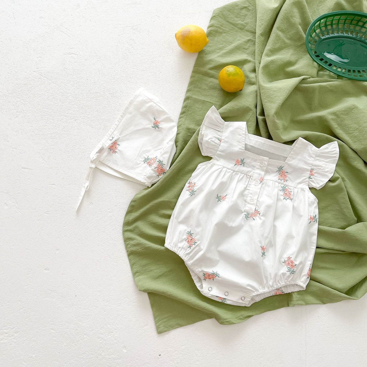 Cotton Baby Flounced Sleeve Romper Flower Embroidered Square Collar