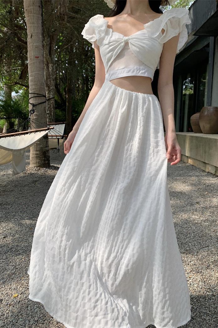 Vestido de vacaciones estilo francés con mangas voladoras