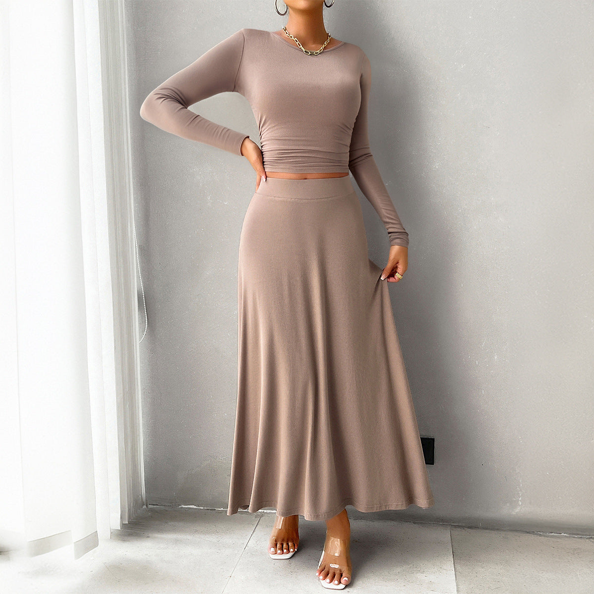 Women's Slim Fit Midriff-baring Long Sleeve Skirt Suit