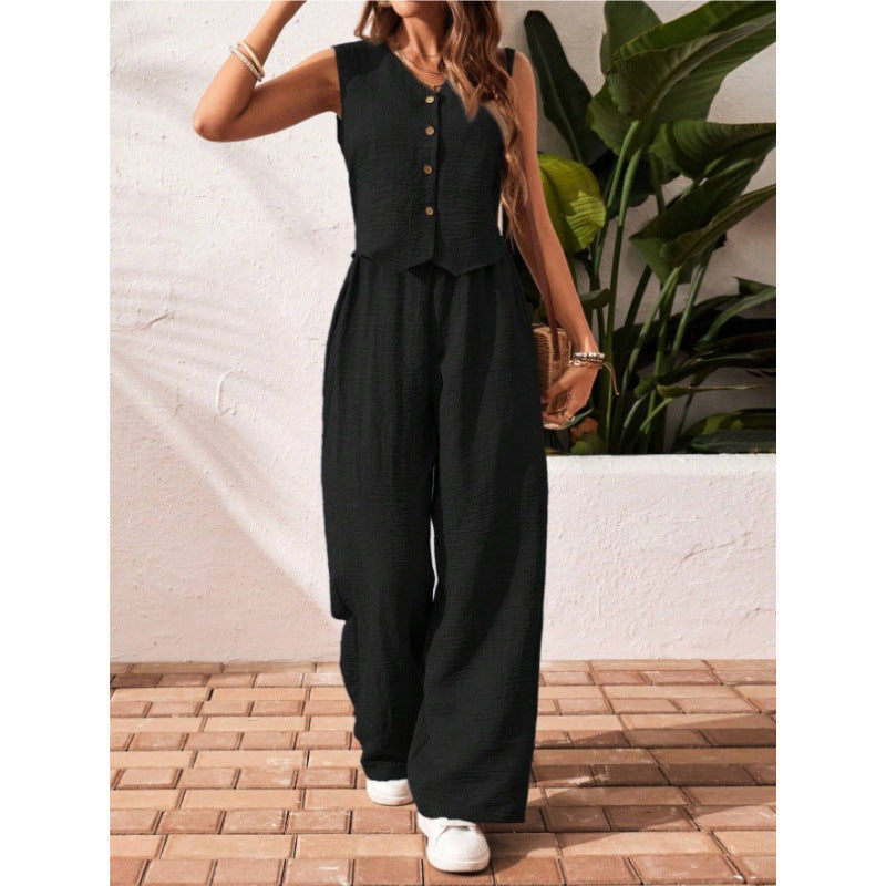 Linen Leisure Commute Front Button Vest And Trousers