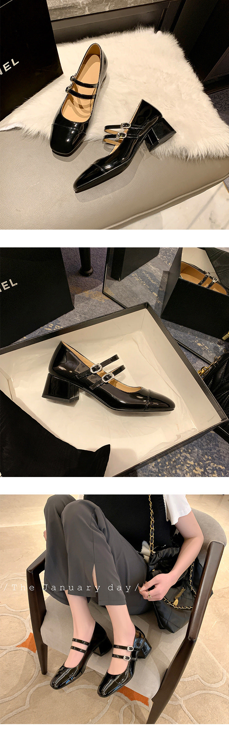 Square Toe Chunky Heel Buckle Mid-heel High Heel Women's Shoes