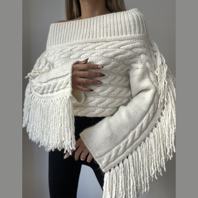 Tassel Knitted Sweater Off-shoulder Long Sleeve Pullover