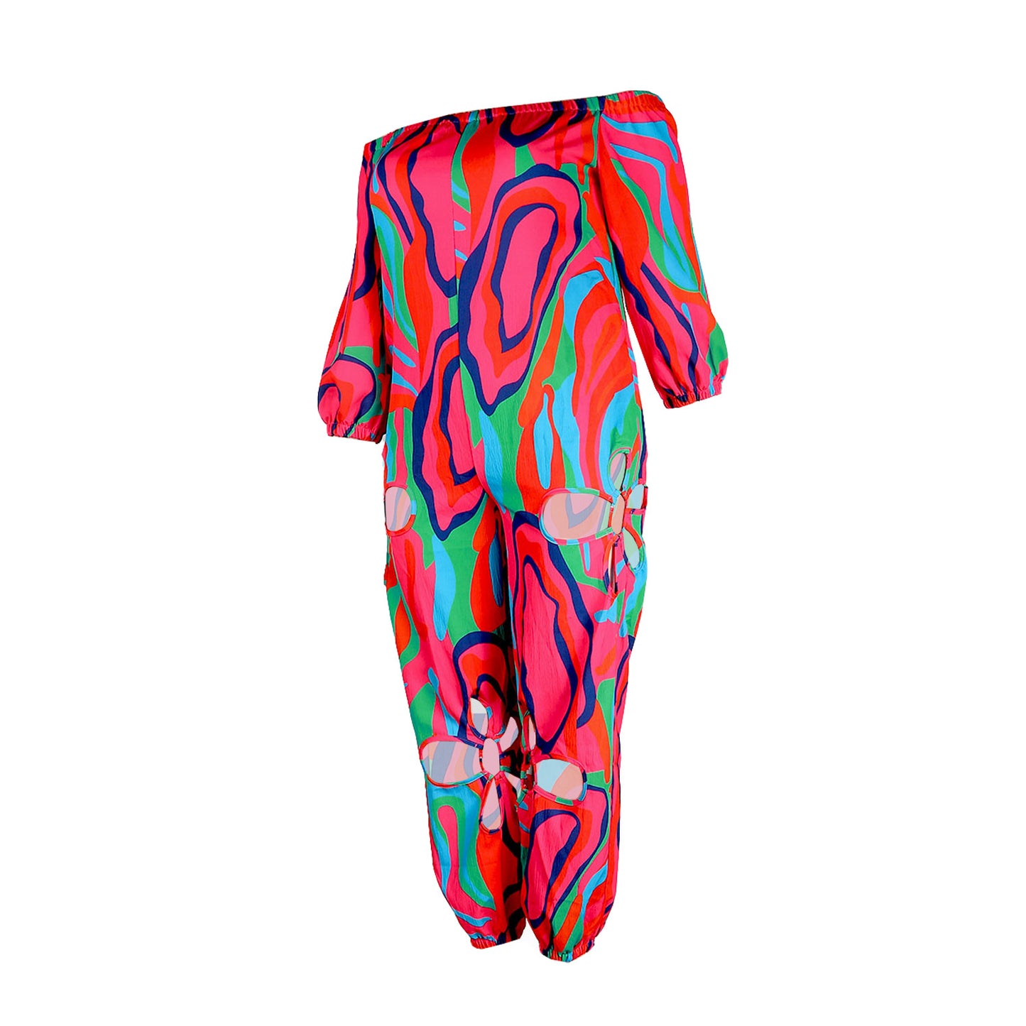 Sexy Slim Backless Crocheted Floral Print Plus Size Jumpsuit