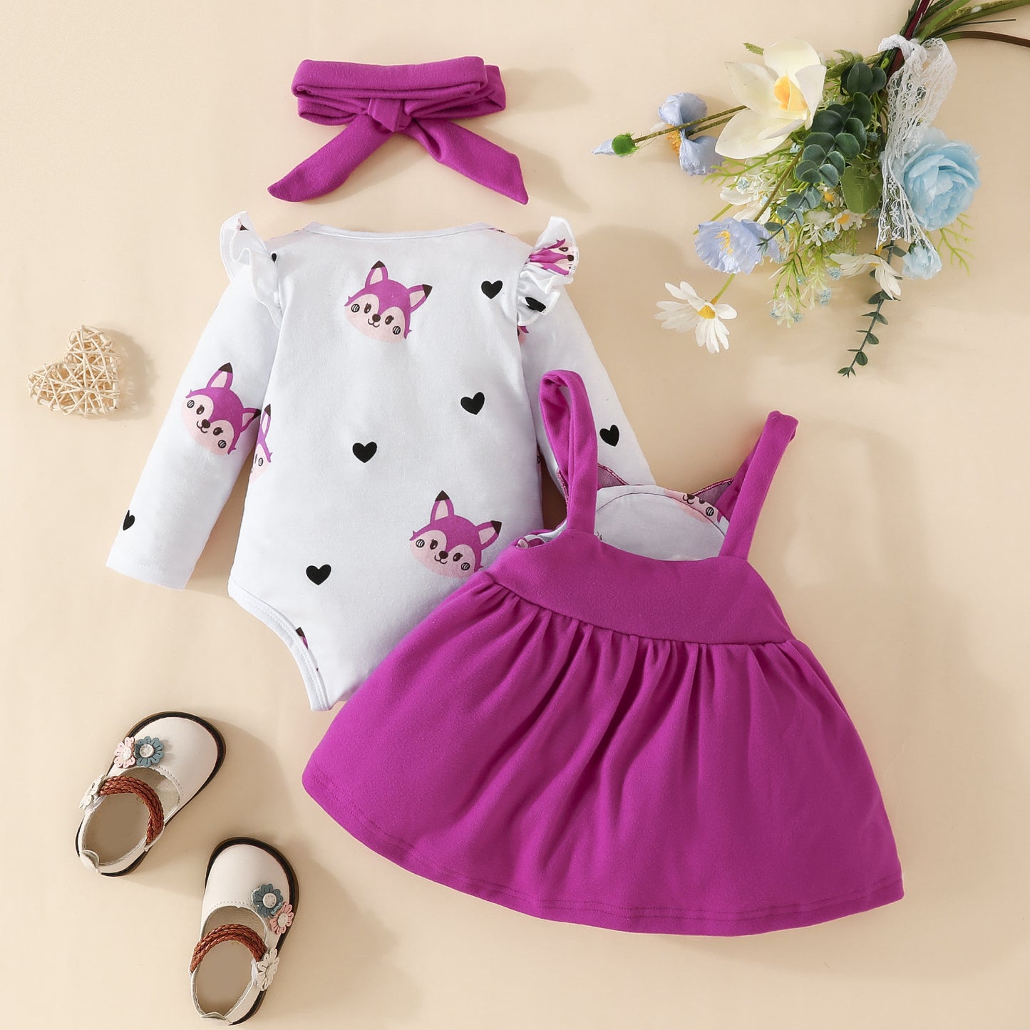 Girls' Skirt Set Love Animal Romper Embroidered Fox Suspender Skirt