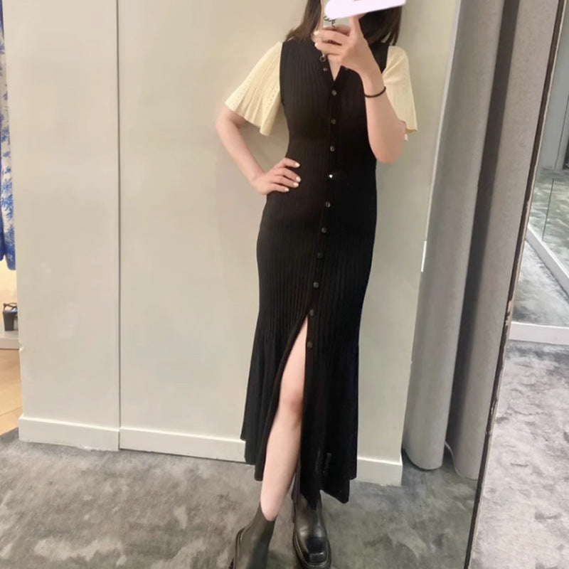 Vestido de punto de cola de pez fino, calado y ajustado en la cintura