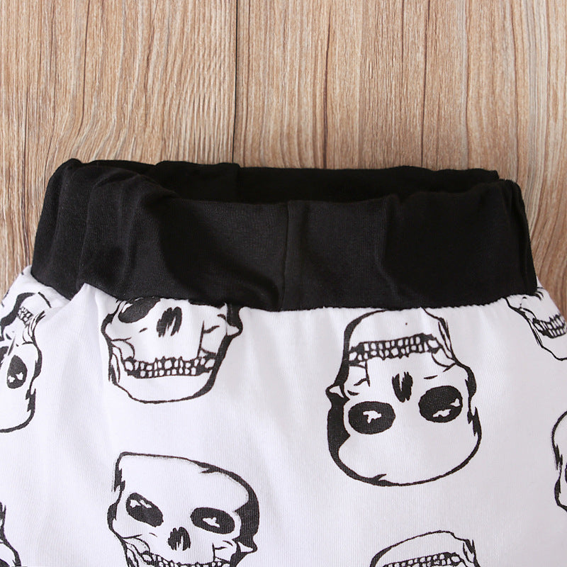 Boy's Halloween Short-sleeved Skull Jumpsuit Romper Printed Trousers Striped Hat 4-piece Suit