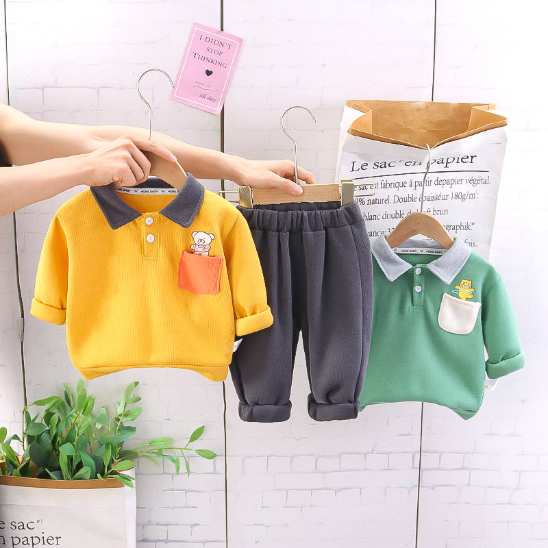 Children's Casual Fashion Polo Collar Bear Long-sleeved Sweater Two-piece Set