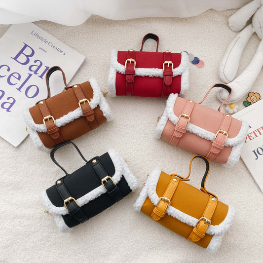 Bolso bandolera de un solo hombro para niños y niñas, portátil, de moda, de pelo de cordero