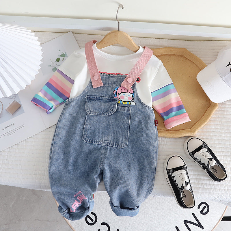 Girls' Cute Denim Suspender Trousers Cartoon Jumpsuit Two-piece Set