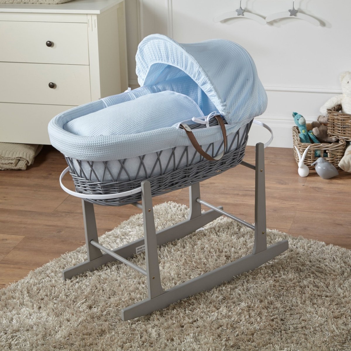 Blue Waffle Grey Wicker Baby Moses Basket With Stand