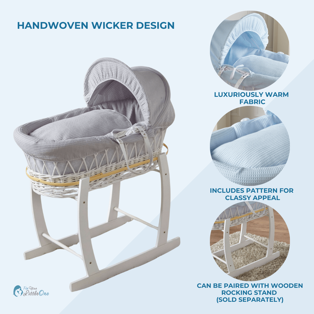 Pink Waffle Grey Wicker Baby Moses Basket With Stand