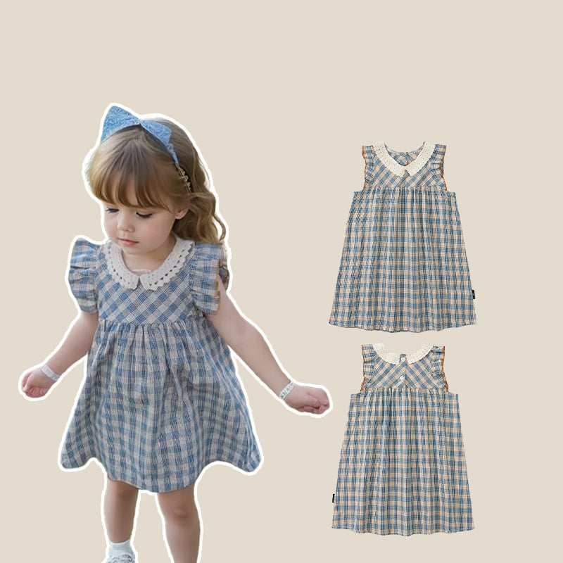 Baby Girl Lace Cotton Plaid Sleeveless Children's Skirt