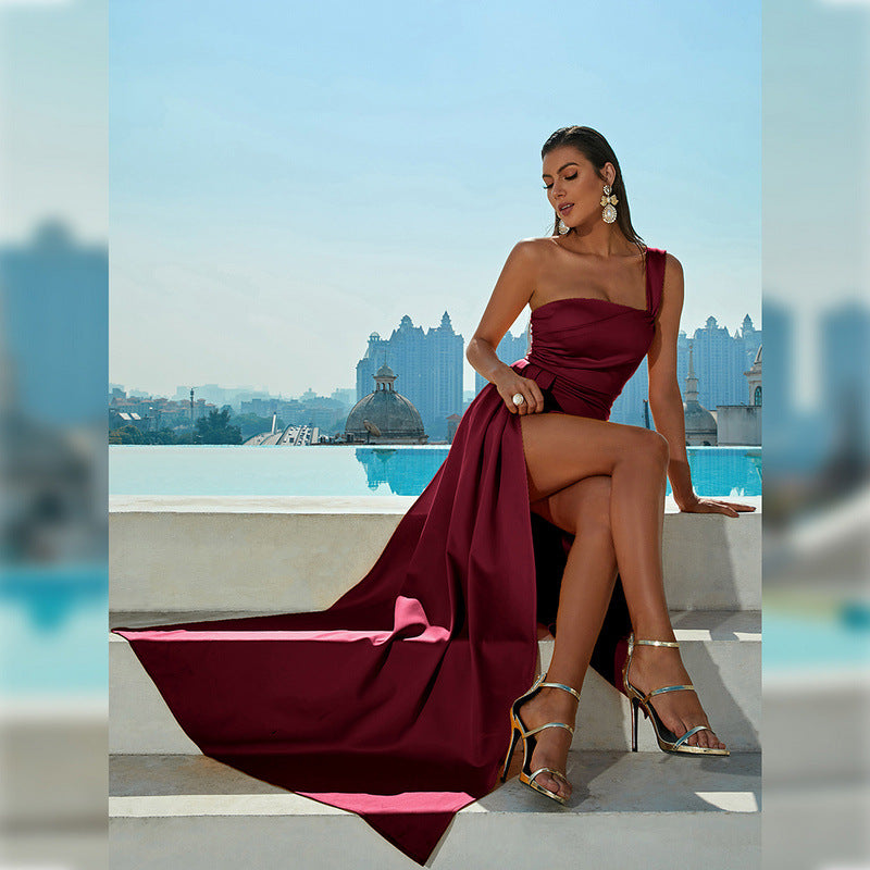 One-shoulder Off-neck Prom Party Slit Evening Dress