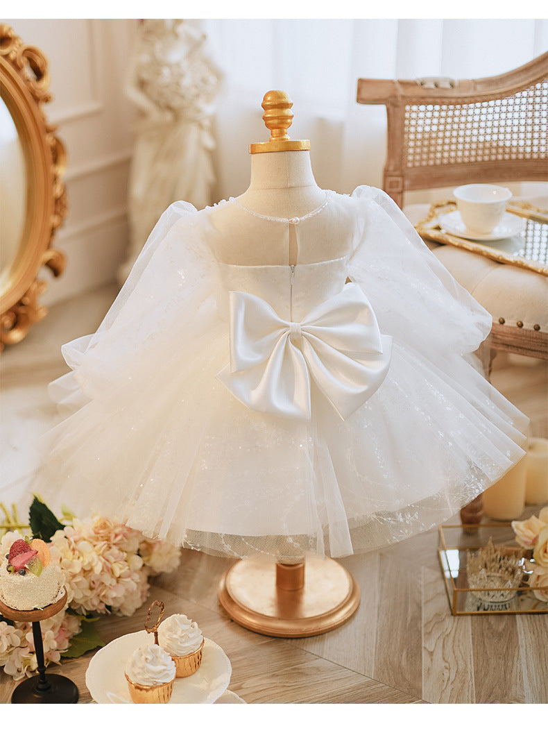Long Sleeve Handmade Pearl Embroidery Children Princess Dress Gown