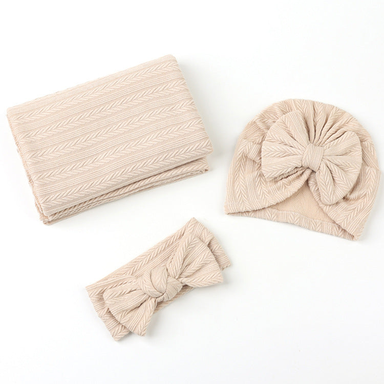 Newborn Polyester Cotton Solid Color Wheat Pattern Wrap Blanket Three-piece Suit