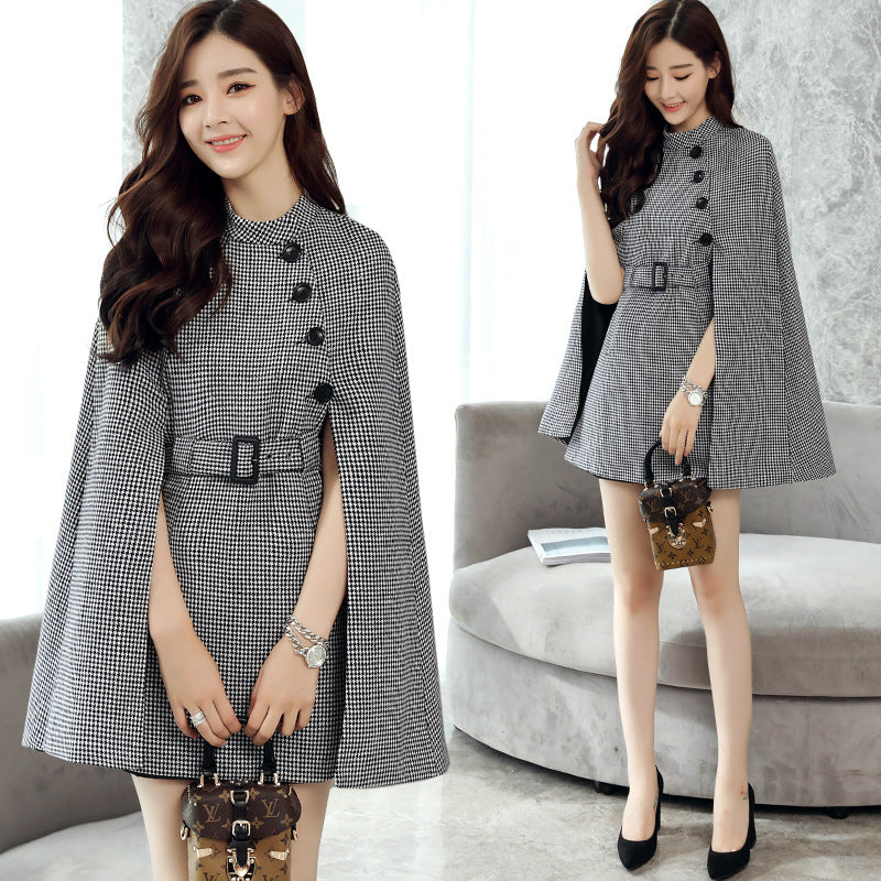 Design Wool Cape Lace-up Collar Coat