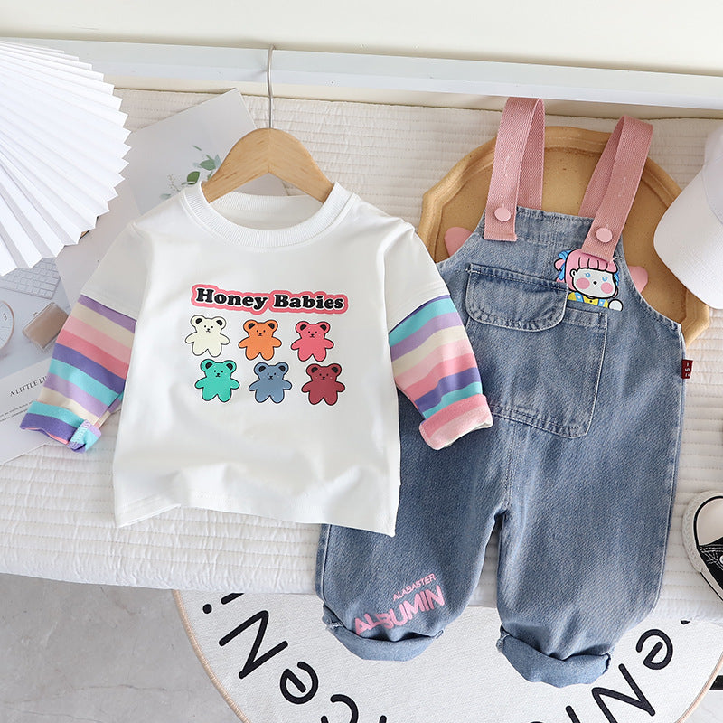 Girls' Cute Denim Suspender Trousers Cartoon Jumpsuit Two-piece Set