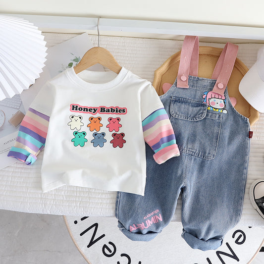 Girls' Cute Denim Suspender Trousers Cartoon Jumpsuit Two-piece Set