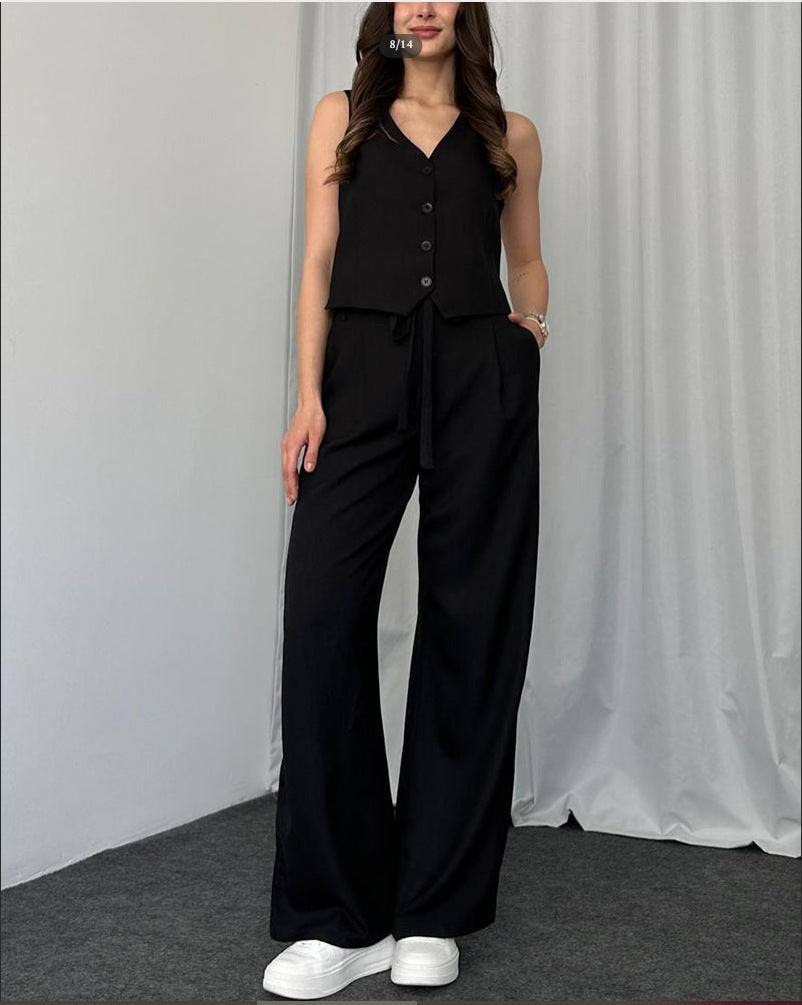 Women's Solid Color Casual Vest Two-piece Set