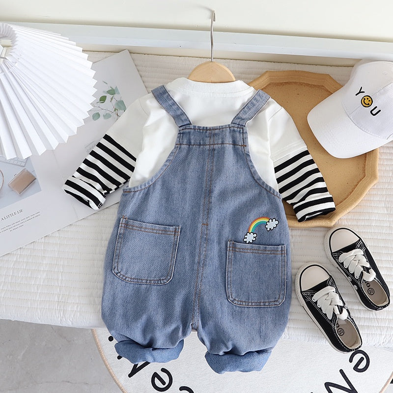 Girls' Cute Denim Suspender Trousers Cartoon Jumpsuit Two-piece Set