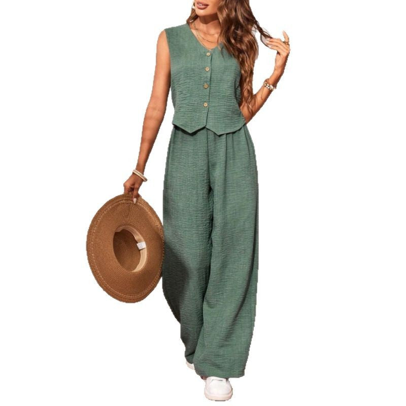 Linen Leisure Commute Front Button Vest And Trousers