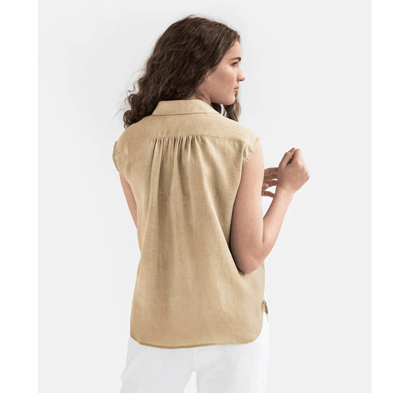 Cotton And Linen Simplicity Casual Sleeveless Solid Color Shirt