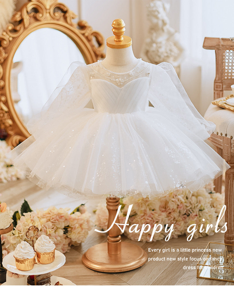 Long Sleeve Handmade Pearl Embroidery Children Princess Dress Gown
