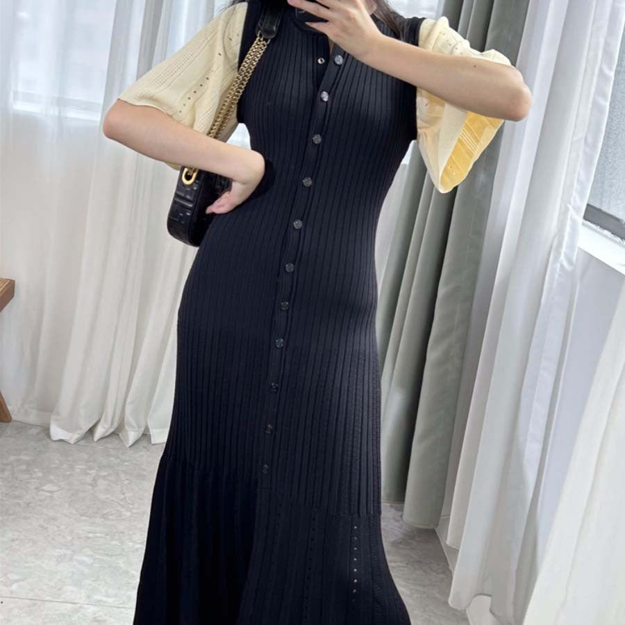 Vestido de punto de cola de pez fino, calado y ajustado en la cintura