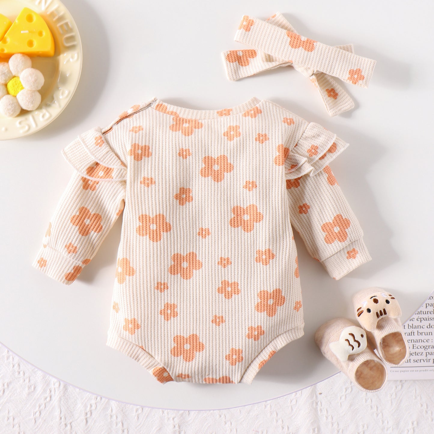 Solid Color Waffle Print Romper With Bow Suit