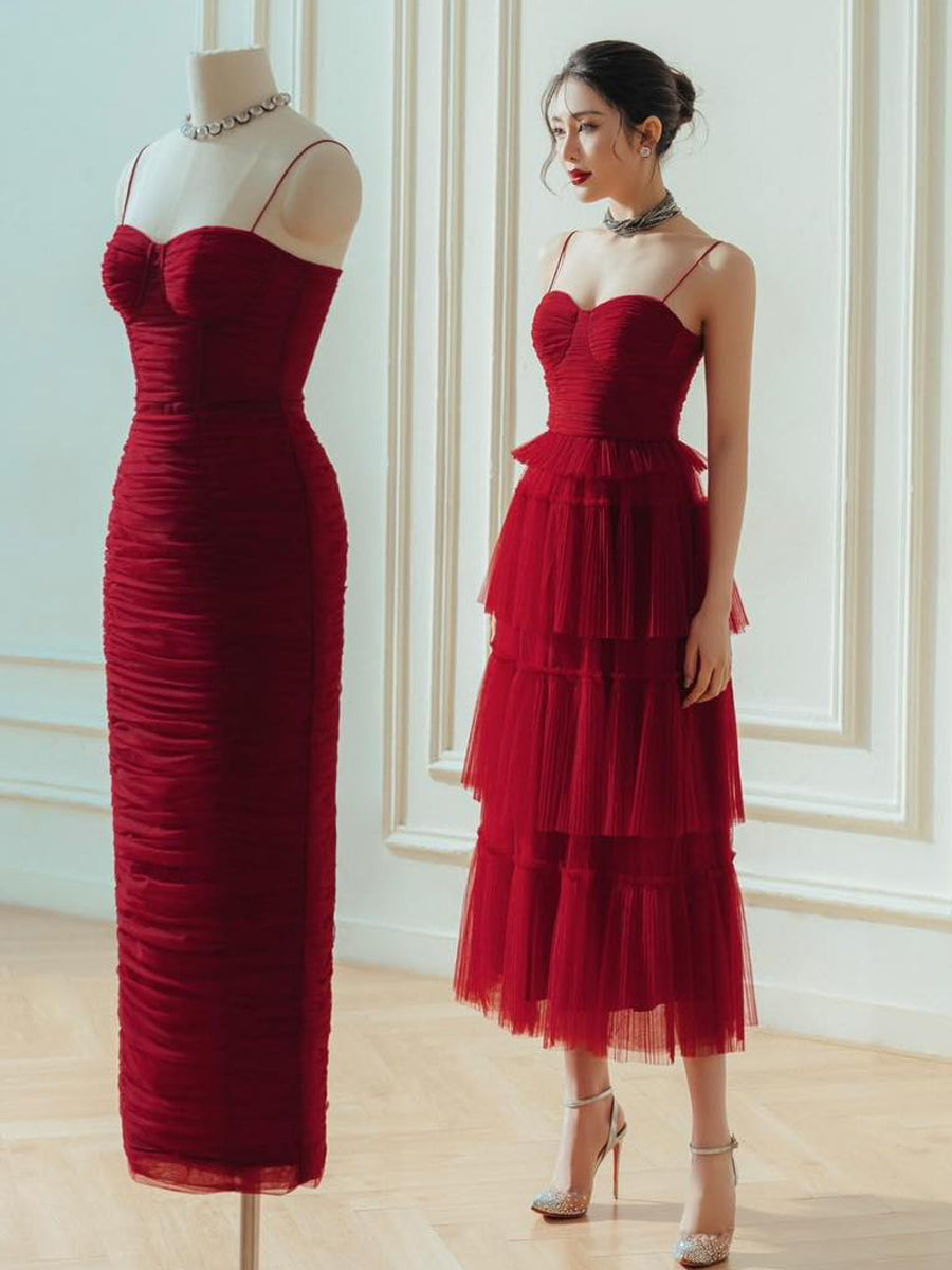 Hosenträger Spread Brust Temperament dunkelrot fließendes kleines Kleid langer Rock