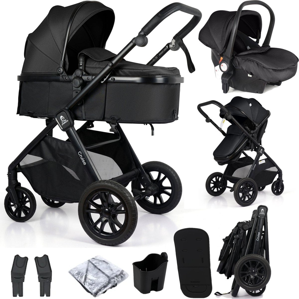 For Your Little One Cruise 3 In 1 Travel System With i-Size Car Seat - Eclipse Black (Free Cupholder / Seat Liner Included!)