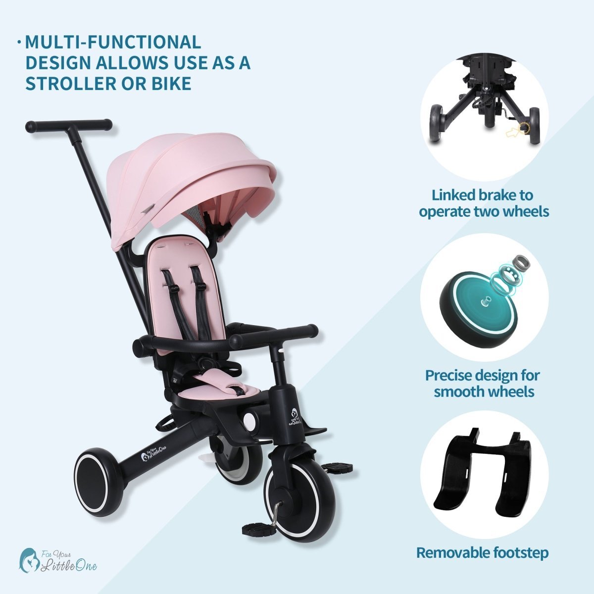 Foryourlittleone Xplor Ultimate 6 in 1 Foldable Trike - Pastel Pink (10m-5y)