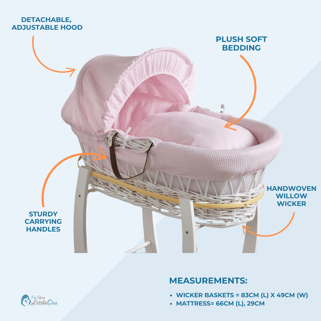 Pink Dimple White Wicker Baby Moses Basket With Stand