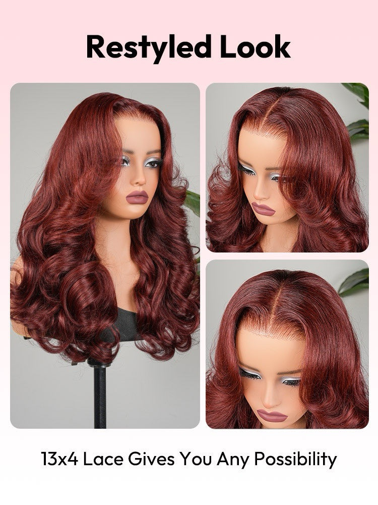 Chic Luxe Hair | Human Hair Glueless Pre Styled Cherry Cola Red Wavy 250% Density Wig | 100% Human Hair