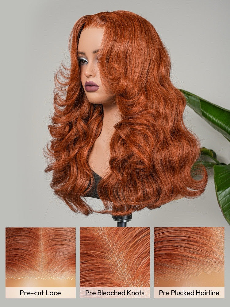 Chic Luxe Hair | Pre- Styled Glueless Ready To Wear Layered Cut 250% Density Wavy Wig Burnt Orange | 100% Human Hair
