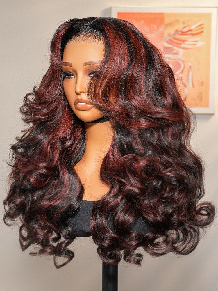 Vietnamese Human Hair Glueless Cherry Cola Red Highlight Layered Cut 250% Density Wig