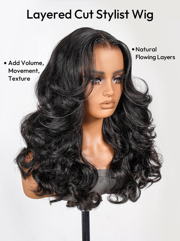 Human Hair Glueless Ready To Wear Layered Cut 250% Density Wavy Wig