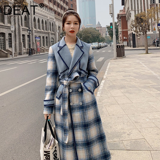Woman Woolen Coat Blue Plaid Color Block With Sashes Vintage Style Lapel Collar Loose Jackets Autumn Fashion