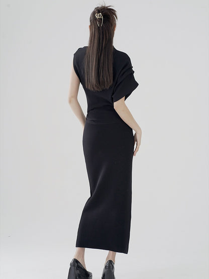 Autumn and winter design sense niche bag hip long dress advanced sense of black knit dress women