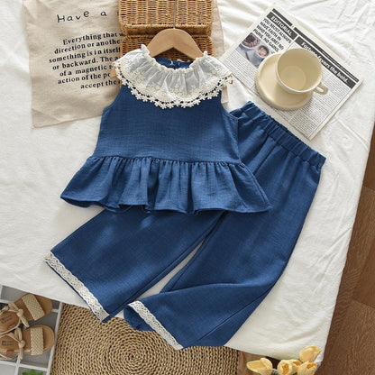 Cute Flower Trim Sleeveless Baby Shirt and Long Pants Two-Piece Set for Girls Summer Outfit