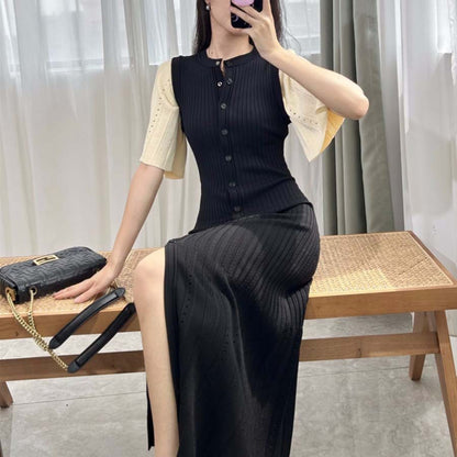 Vestido de punto de cola de pez fino, calado y ajustado en la cintura