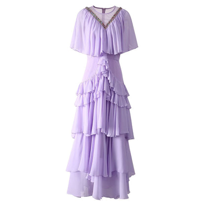 French women's V-neck heavy industry custom-made bead waist ruffle layered formal dress cake long skirt