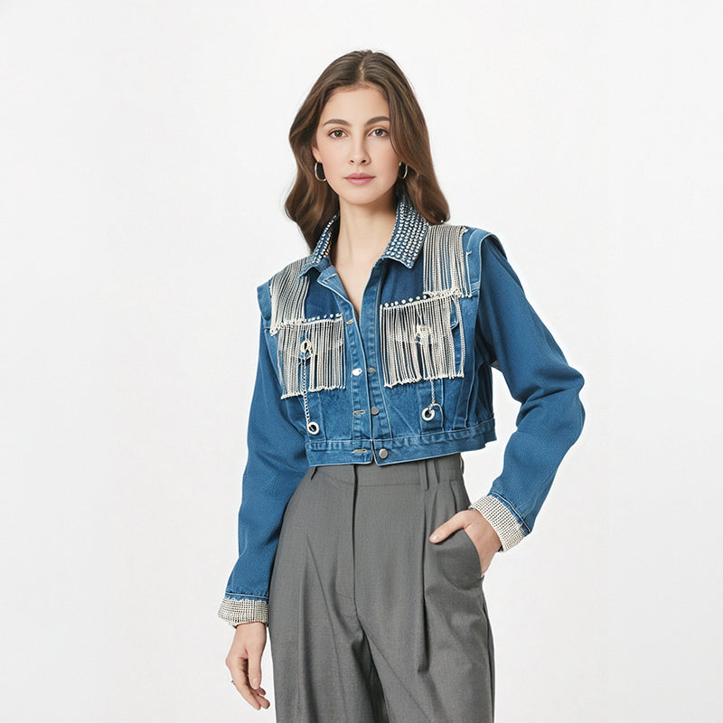 Women's Denim Coats Spliced Diamonds Tassel Metal Chains Rhinestone Long Sleeves Jacket  Autumn New Fashion