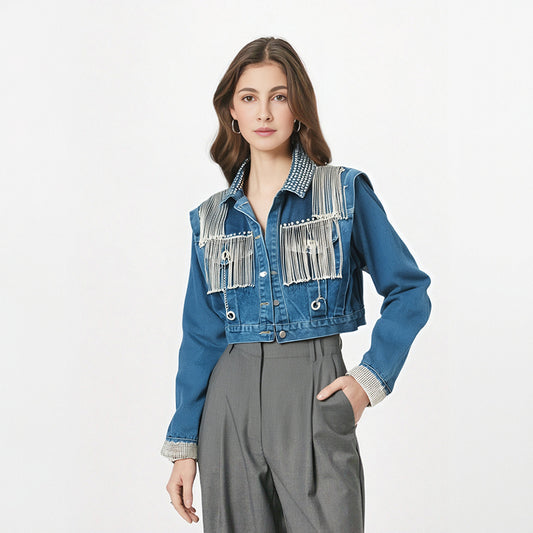 Women's Denim Coats Spliced Diamonds Tassel Metal Chains Rhinestone Long Sleeves Jacket  Autumn New Fashion