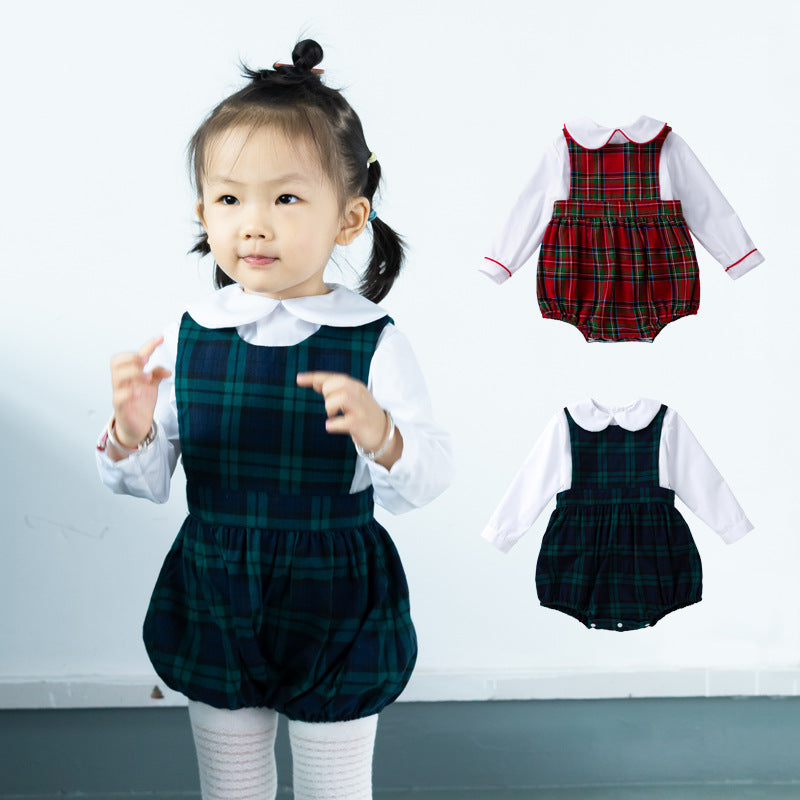 Christmas Carnival Baby Romper Set with Plaid Sleeveless Bodysuit and Long Sleeve T-Shirt, 2-Piece Outfit